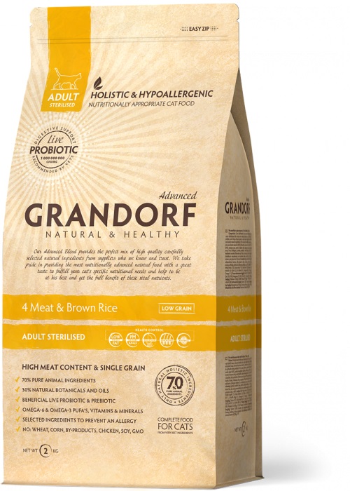 Grandorf Adult Sterilised Cat 4 мяса/коричневый рис + пребиотик