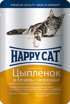 Happy Cat пауч д/кош цыпленк/печень/морковь желе 100 г