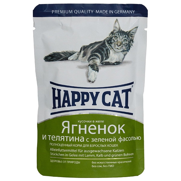 Happy Cat пауч д/кош ягненок/телятина/зел.фасоль желе 100 г