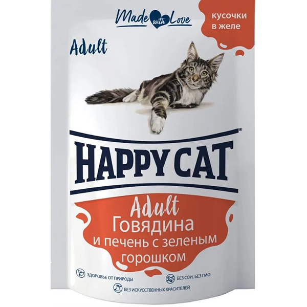 Happy Cat пауч д/кош Adult Говядина/печень/зел.горошек желе 