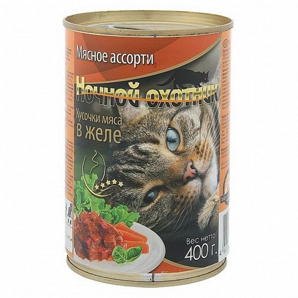 Ночной охотник конс 400гр с/кусоч  в желе Мясное ассорти