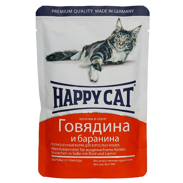 Happy Cat пауч д/кош говядина/баранина соус 100 г 